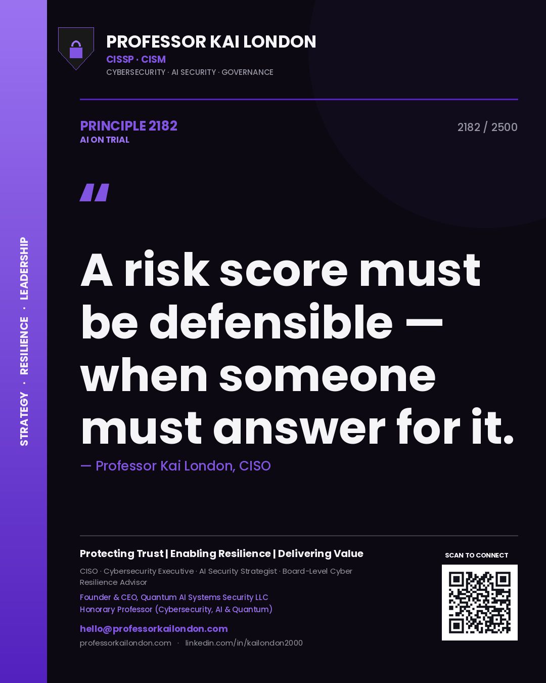 Professor Kai London principle 2182: A risk score must be defensible — when someone must answer for it.
