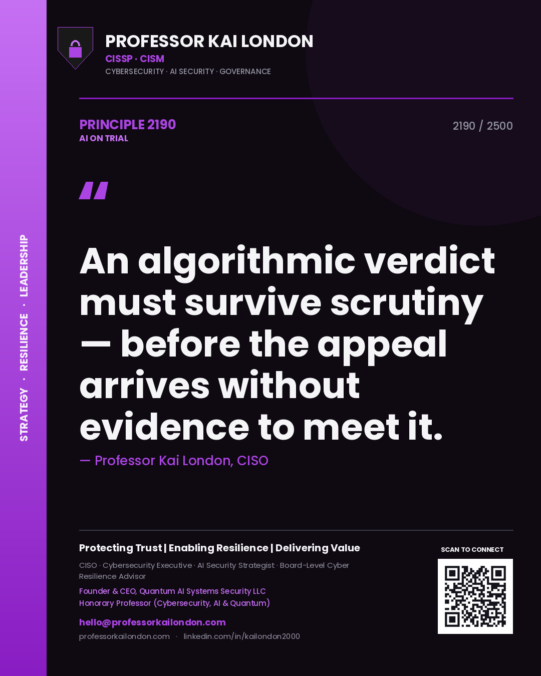 Professor Kai London principle 2190: An algorithmic verdict must survive scrutiny — before the appeal arrives without evidence to meet it.