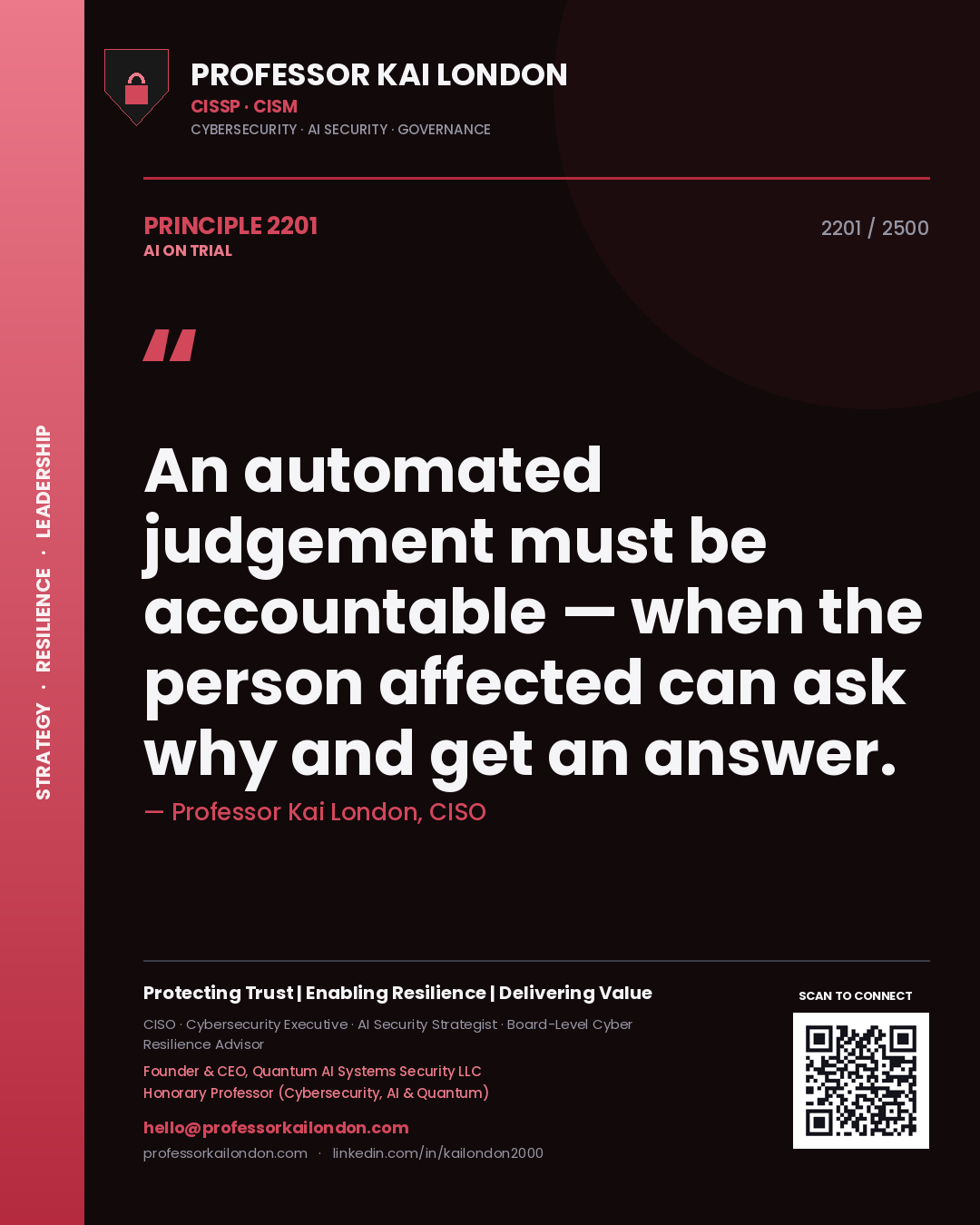 Quote card by Professor Kai London reading 'An automated judgement must be accountable — when the person affected can ask why and get an answer.'. From the book AI on Trial.