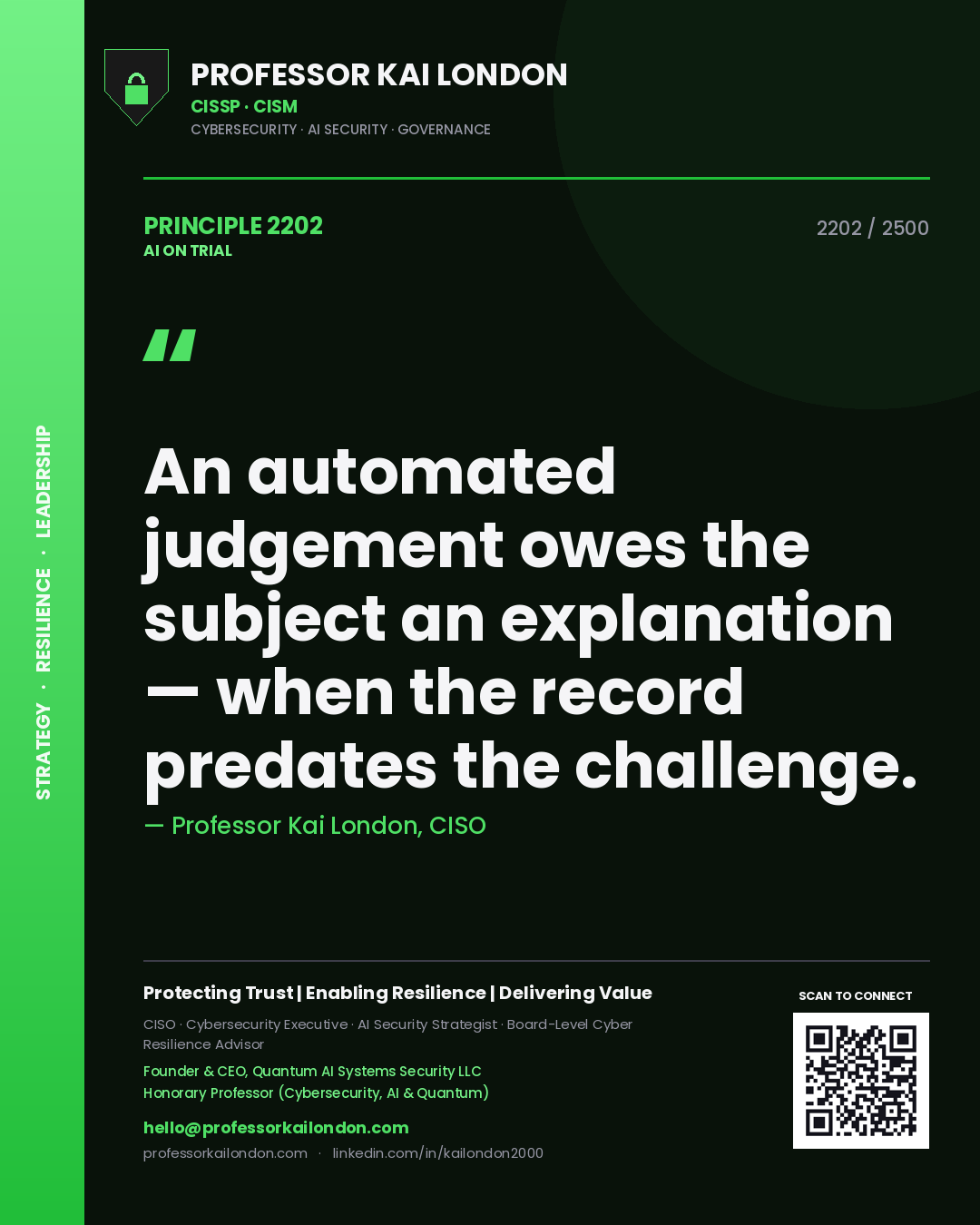 Professor Kai London principle 2202: An automated judgement owes the subject an explanation — when the record predates the challenge.