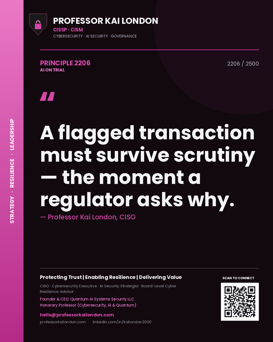Quote card by Professor Kai London reading 'A flagged transaction must survive scrutiny — the moment a regulator asks why.'. From the book AI on Trial.
