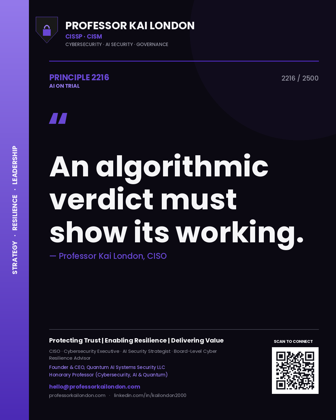 Quote card by Professor Kai London reading 'An algorithmic verdict must show its working.'. From the book AI on Trial.