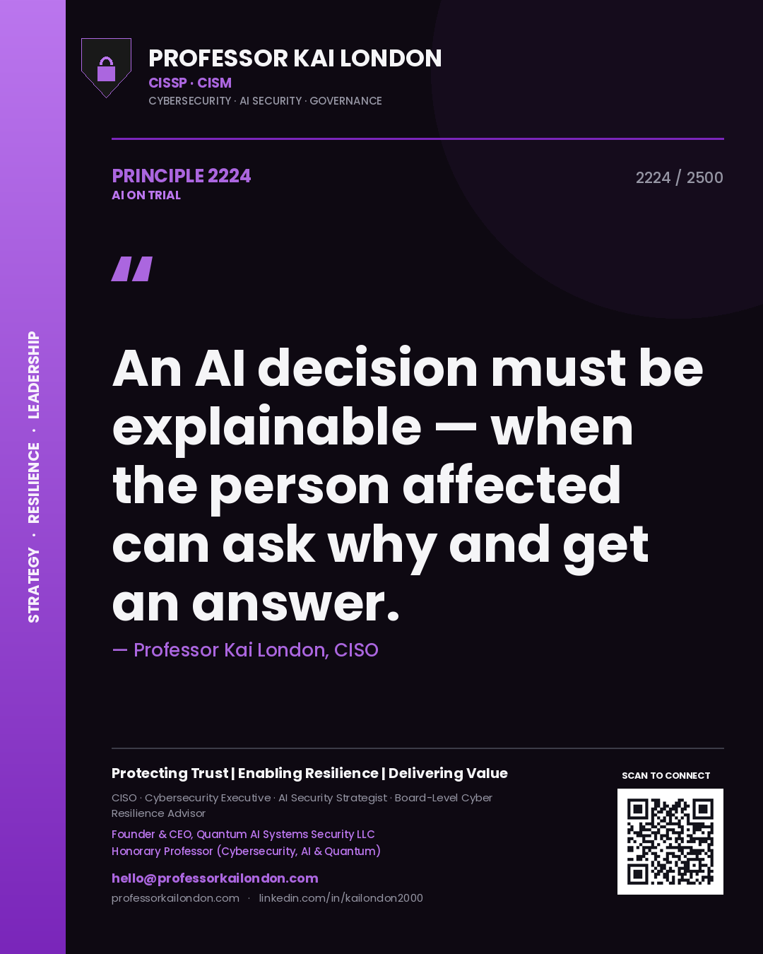 Quote card by Professor Kai London reading 'An AI decision must be explainable — when the person affected can ask why and get an answer.'. From the book AI on Trial.