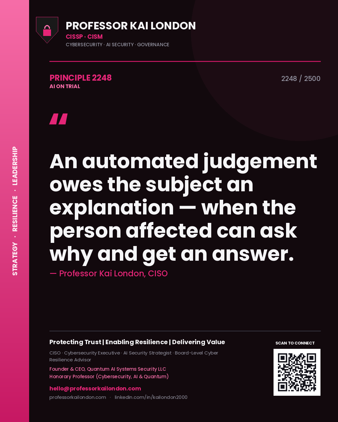 Professor Kai London principle 2248: An automated judgement owes the subject an explanation — when the person affected can ask why and get an answer.