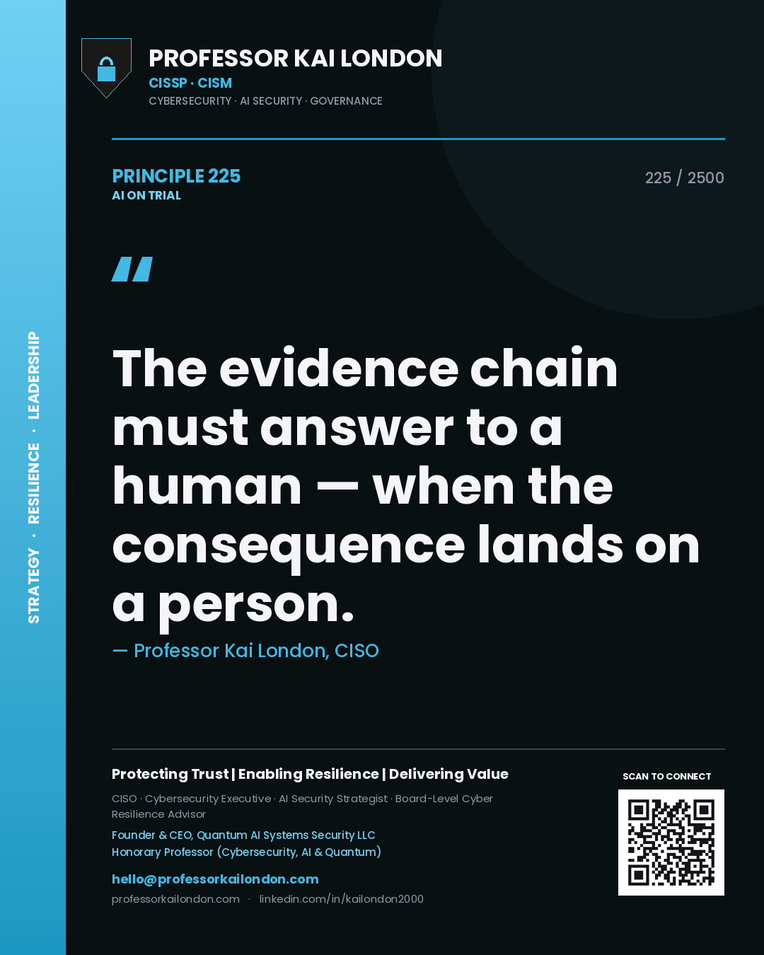 Professor Kai London principle 225: The evidence chain must answer to a human — when the consequence lands on a person.