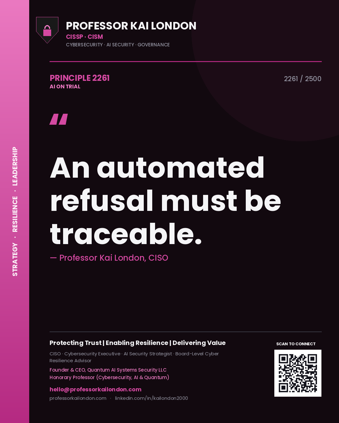Quote card by Professor Kai London reading 'An automated refusal must be traceable.'. From the book AI on Trial.