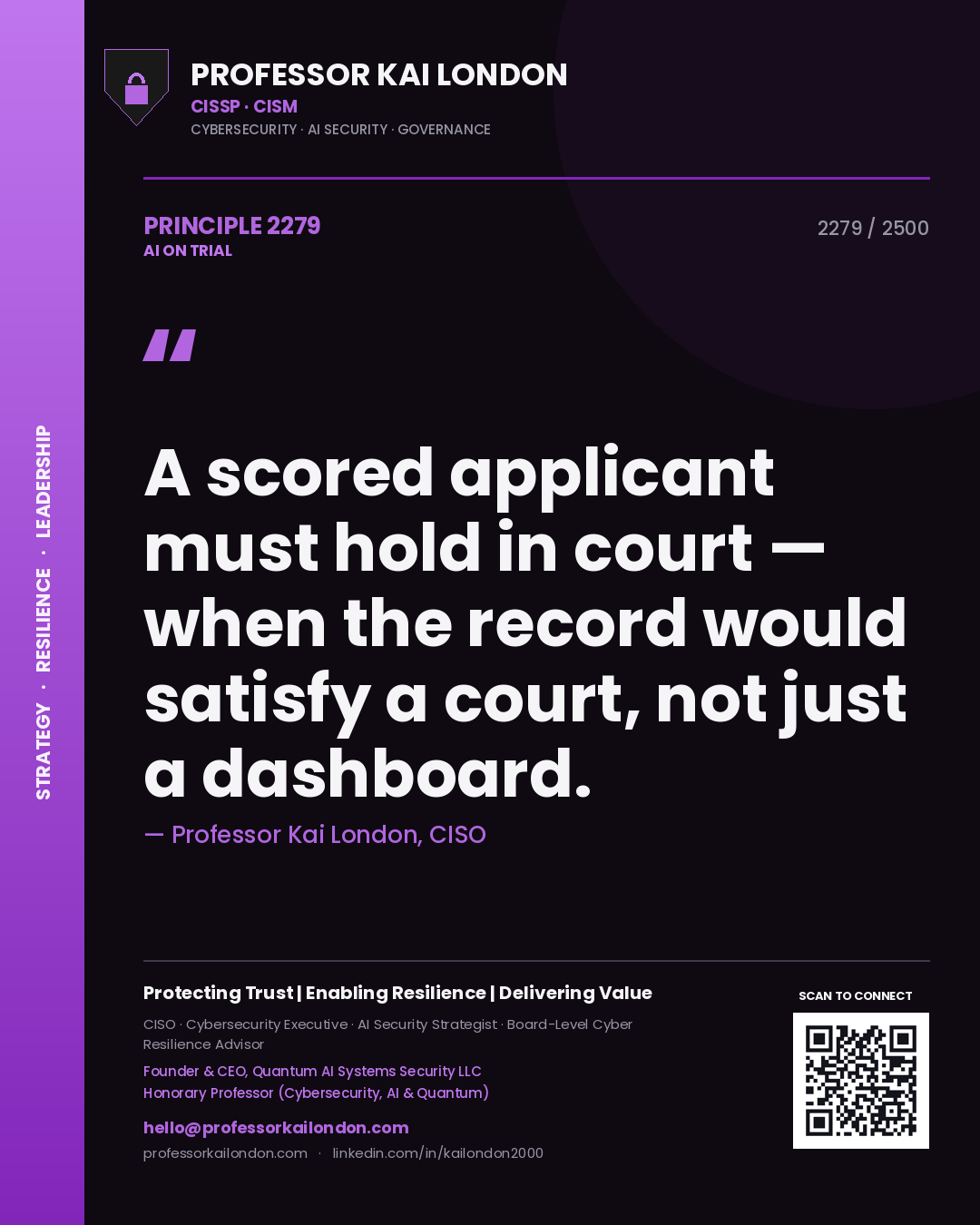 Quote card by Professor Kai London reading 'A scored applicant must hold in court — when the record would satisfy a court, not just a dashboard.'. From the book AI on Trial.