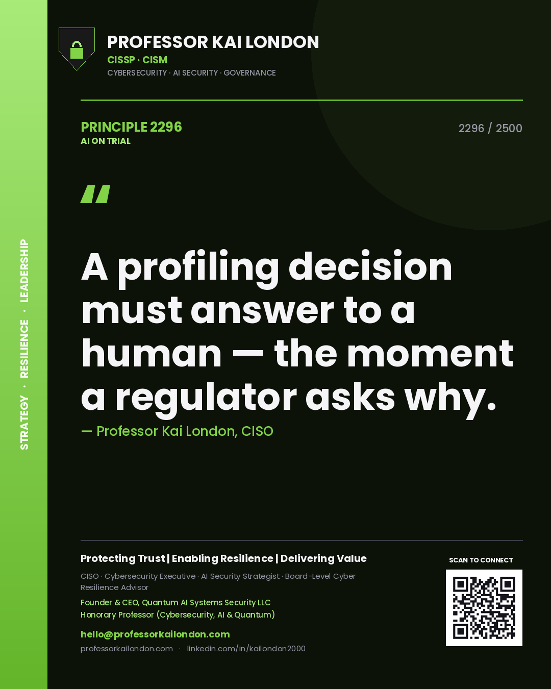 Quote card by Professor Kai London reading 'A profiling decision must answer to a human — the moment a regulator asks why.'. From the book AI on Trial.