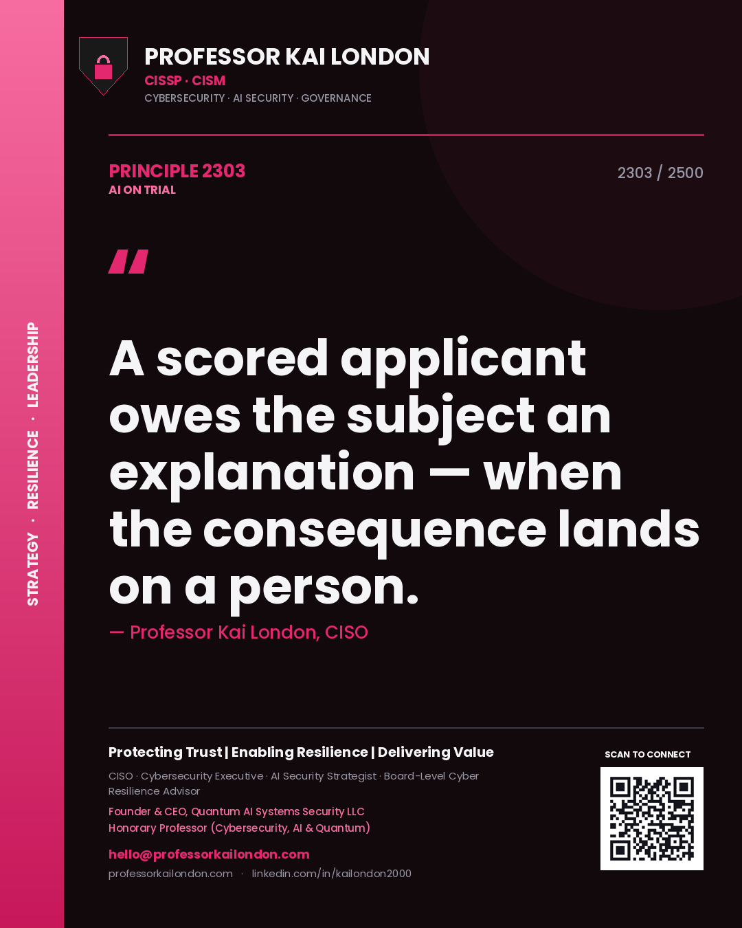 Quote card by Professor Kai London reading 'A scored applicant owes the subject an explanation — when the consequence lands on a person.'. From the book AI on Trial.