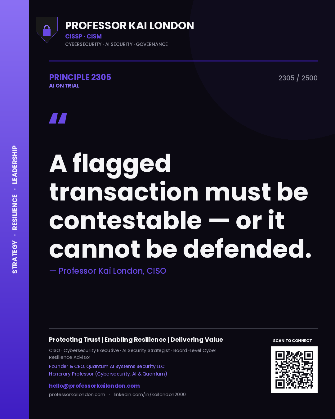 Quote card by Professor Kai London reading 'A flagged transaction must be contestable — or it cannot be defended.'. From the book AI on Trial.