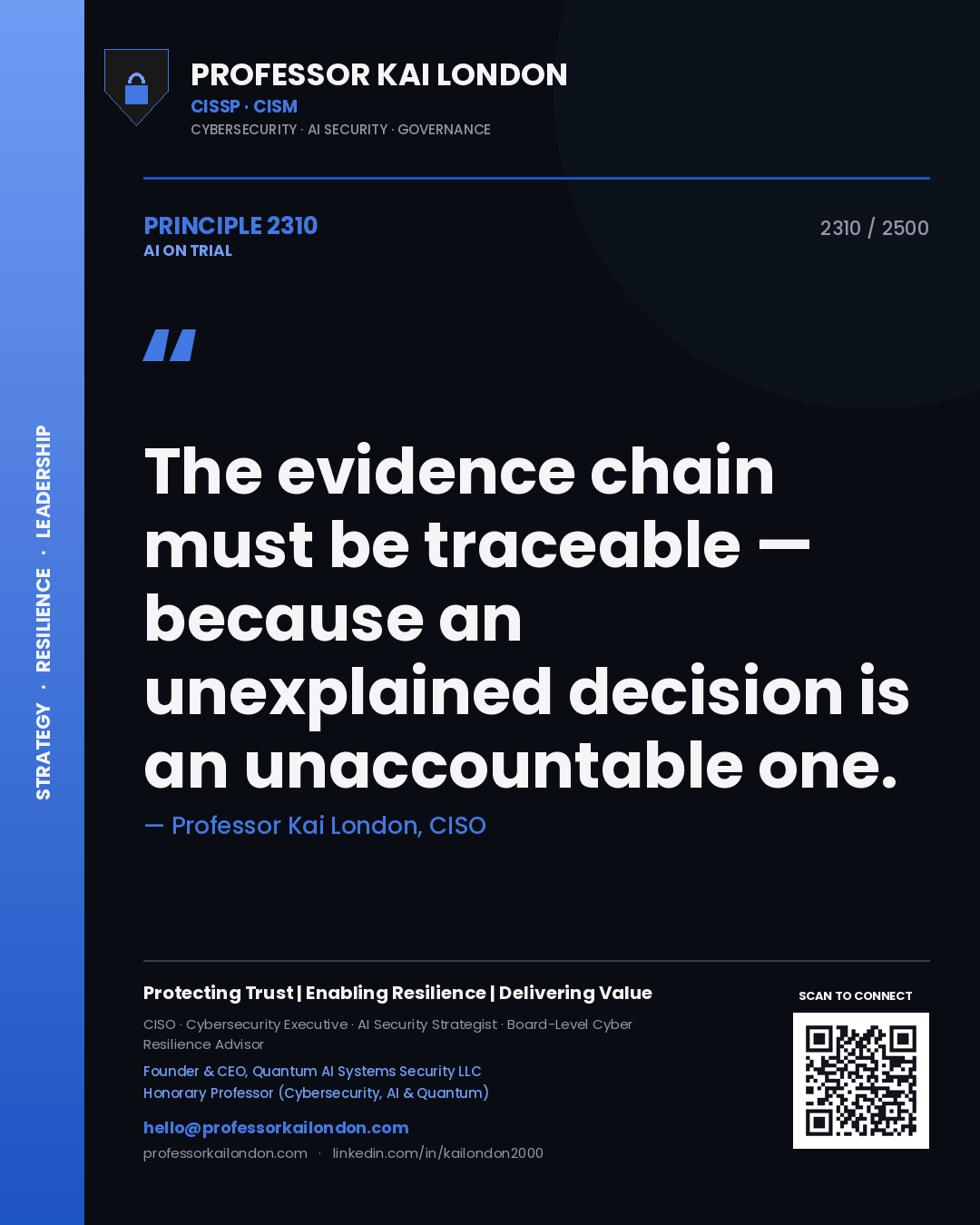 Quote card by Professor Kai London reading 'The evidence chain must be traceable — because an unexplained decision is an unaccountable one.'. From the book AI on Trial.
