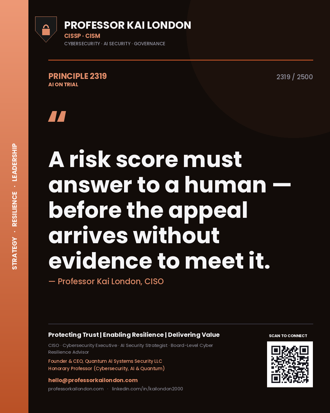 Quote card by Professor Kai London reading 'A risk score must answer to a human — before the appeal arrives without evidence to meet it.'. From the book AI on Trial.