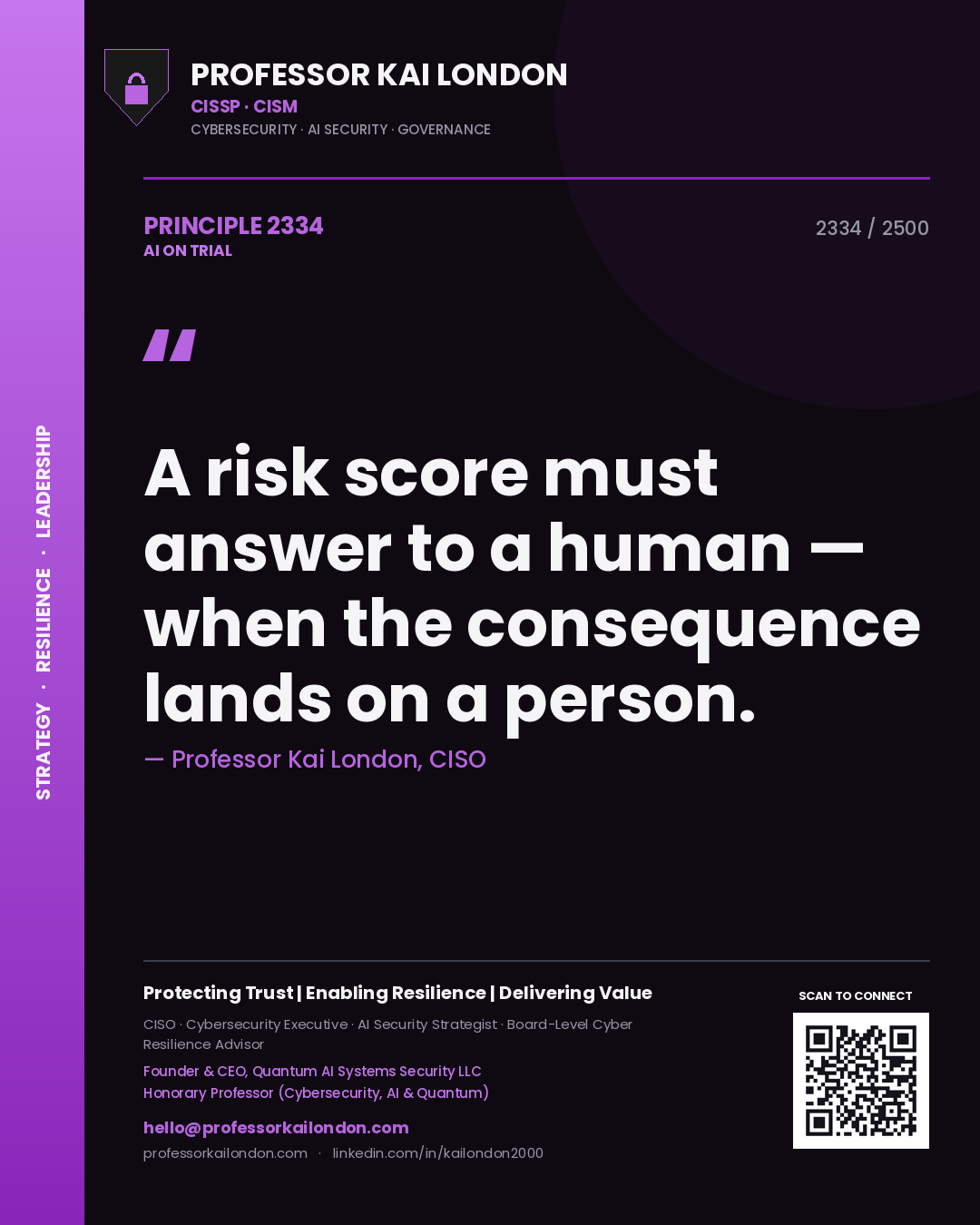 Quote card by Professor Kai London reading 'A risk score must answer to a human — when the consequence lands on a person.'. From the book AI on Trial.