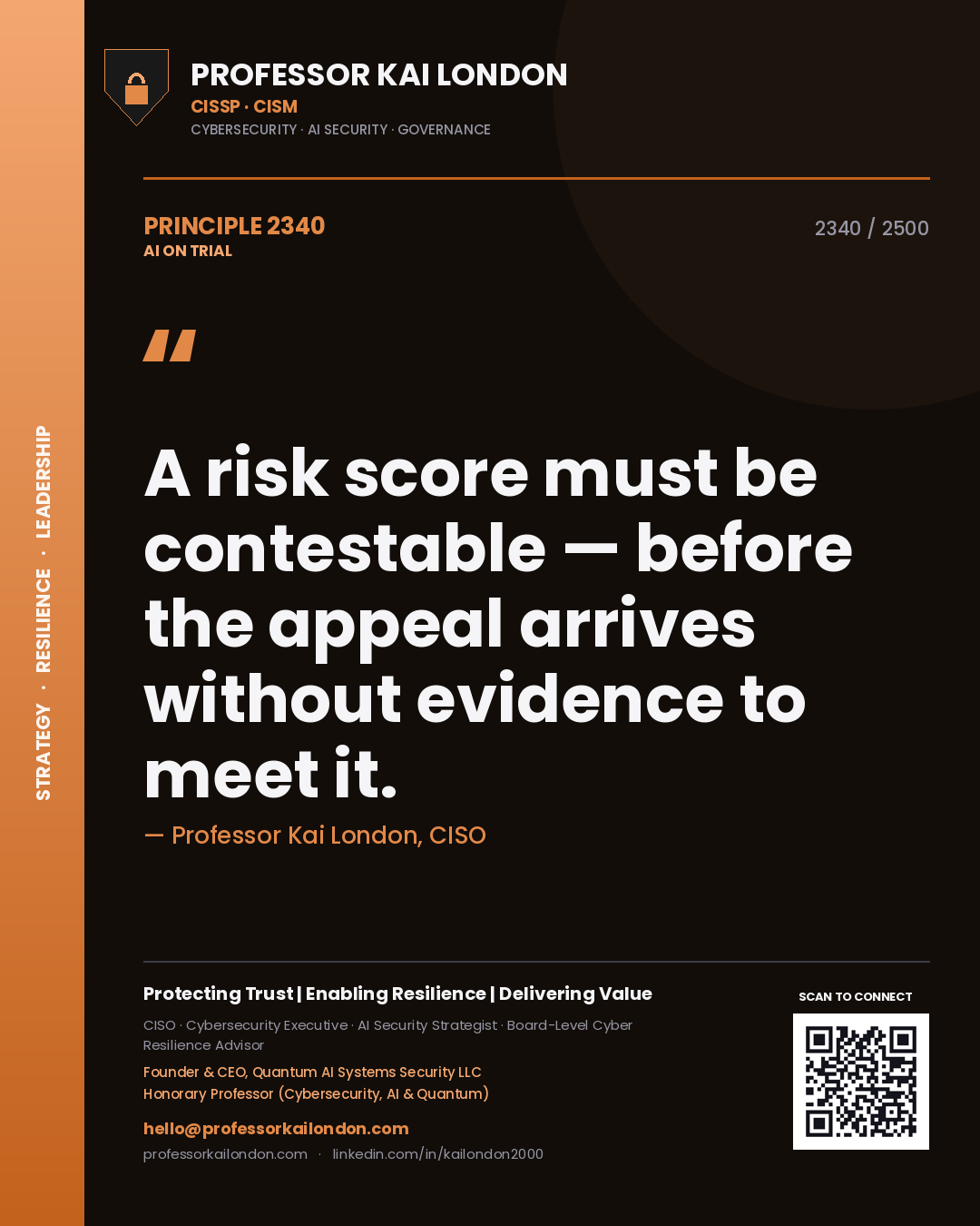 Quote card by Professor Kai London reading 'A risk score must be contestable — before the appeal arrives without evidence to meet it.'. From the book AI on Trial.