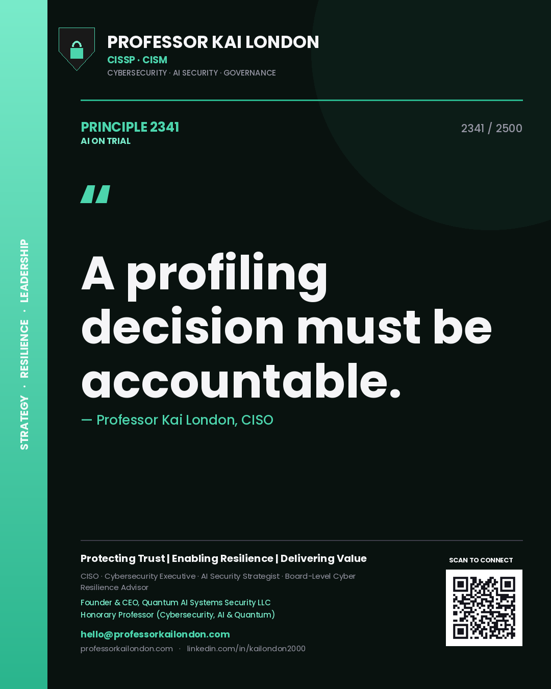 Quote card by Professor Kai London reading 'A profiling decision must be accountable.'. From the book AI on Trial.