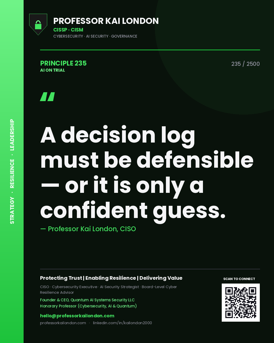 Professor Kai London principle 235: A decision log must be defensible — or it is only a confident guess.