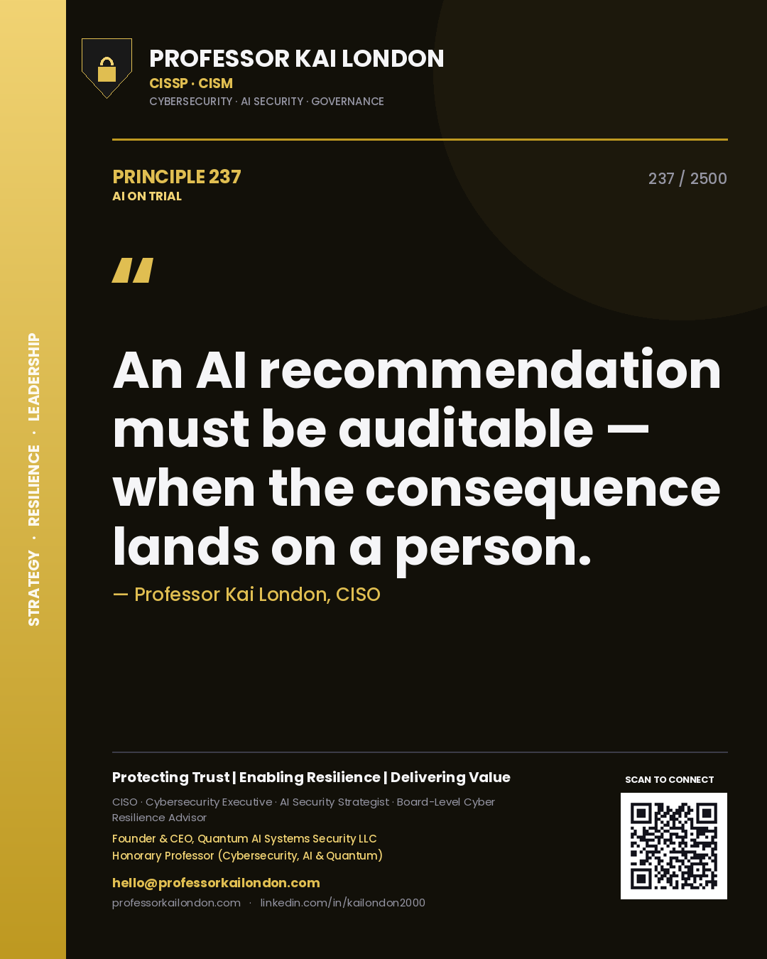 Professor Kai London principle 237: An AI recommendation must be auditable — when the consequence lands on a person.