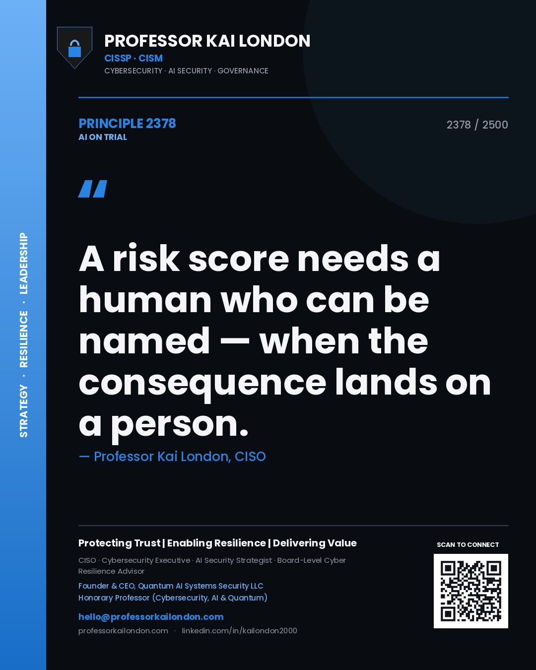 Quote card by Professor Kai London reading 'A risk score needs a human who can be named — when the consequence lands on a person.'. From the book AI on Trial.