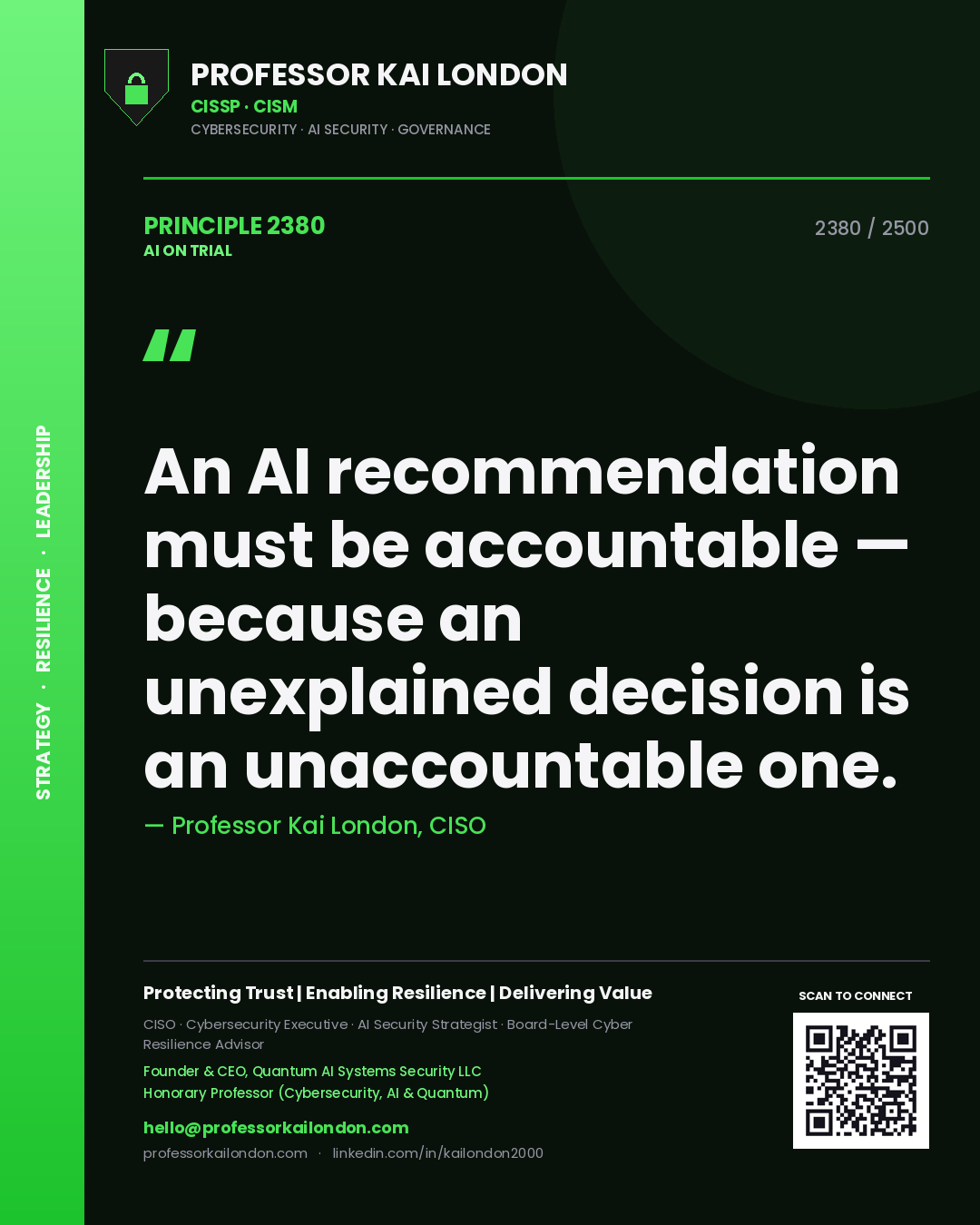 Quote card by Professor Kai London reading 'An AI recommendation must be accountable — because an unexplained decision is an unaccountable one.'. From the book AI on Trial.