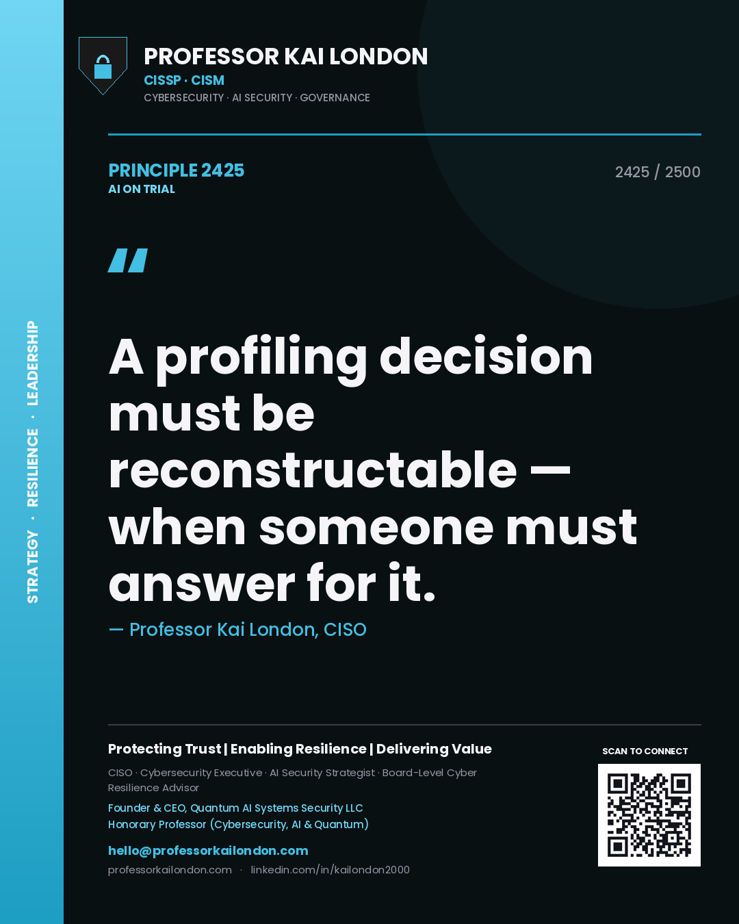 Quote card by Professor Kai London reading 'A profiling decision must be reconstructable — when someone must answer for it.'. From the book AI on Trial.
