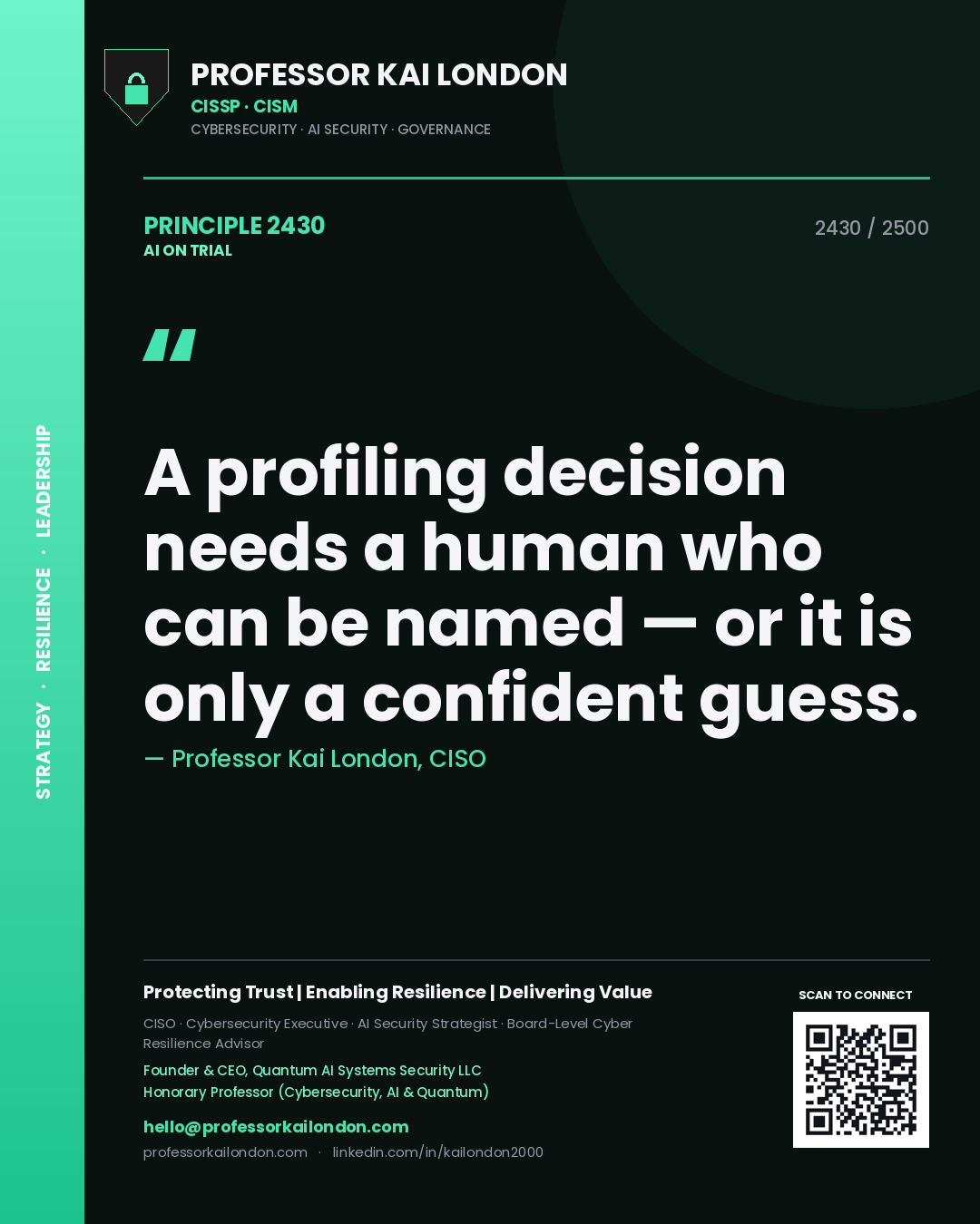 Quote card by Professor Kai London reading 'A profiling decision needs a human who can be named — or it is only a confident guess.'. From the book AI on Trial.