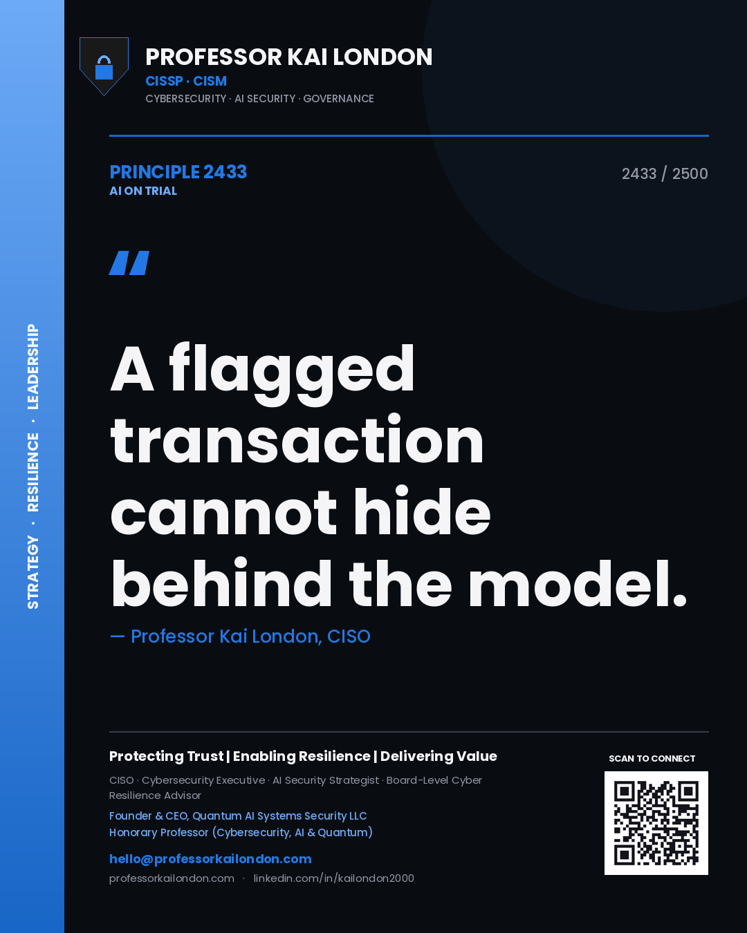 Quote card by Professor Kai London reading 'A flagged transaction cannot hide behind the model.'. From the book AI on Trial.