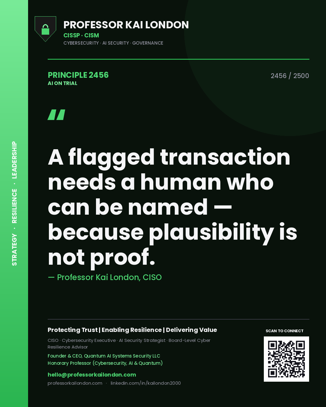 Quote card by Professor Kai London reading 'A flagged transaction needs a human who can be named — because plausibility is not proof.'. From the book AI on Trial.
