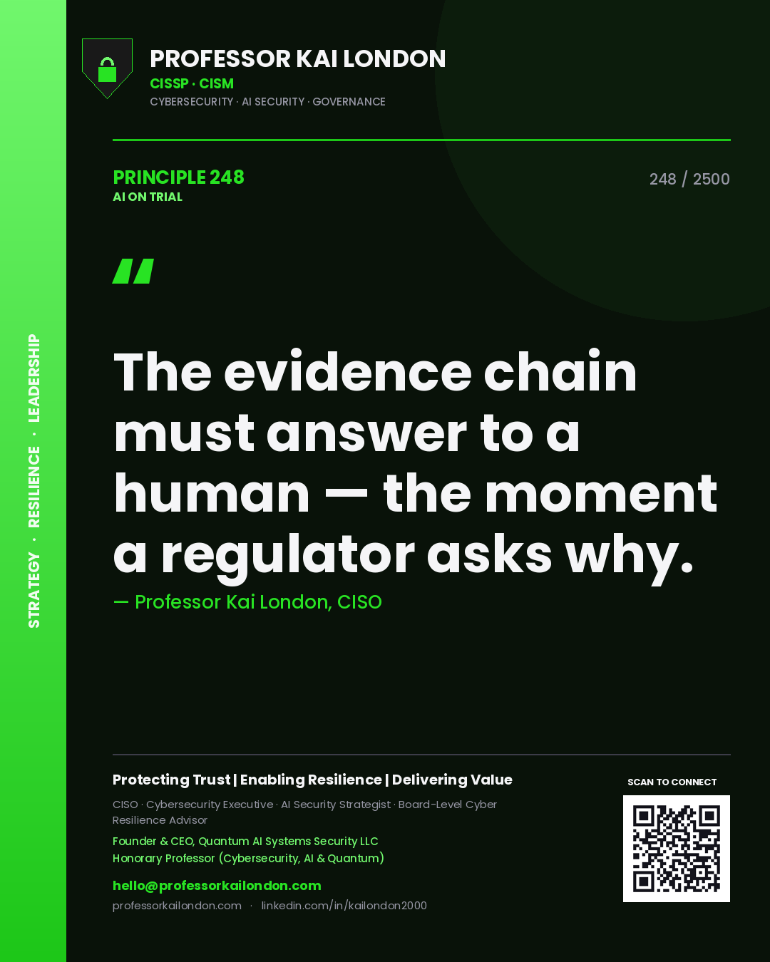Quote card by Professor Kai London reading 'The evidence chain must answer to a human — the moment a regulator asks why.'. From the book AI on Trial.