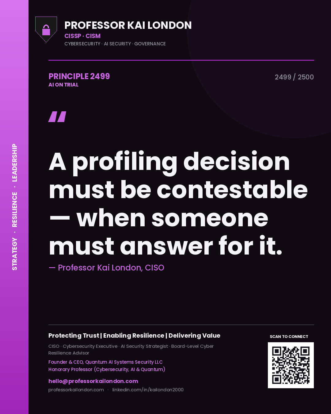 Quote card by Professor Kai London reading 'A profiling decision must be contestable — when someone must answer for it.'. From the book AI on Trial.