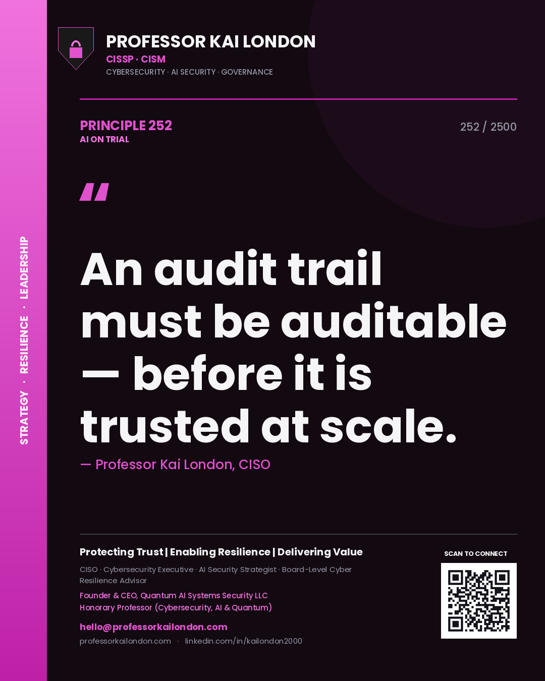 Professor Kai London principle 252: An audit trail must be auditable — before it is trusted at scale.