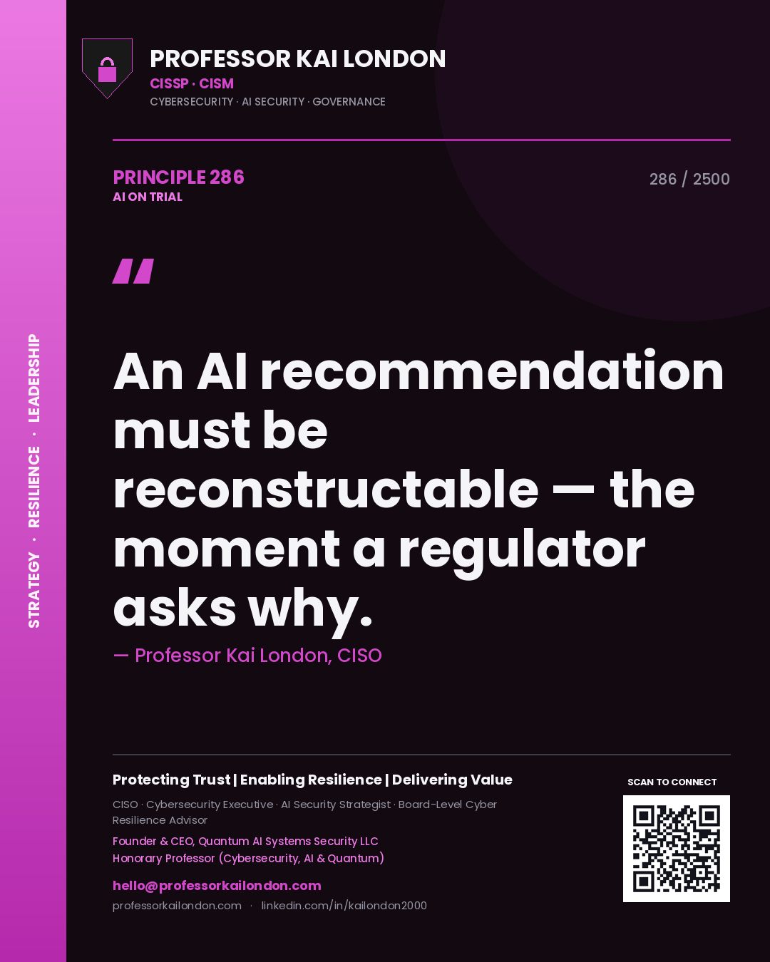 Professor Kai London principle 286: An AI recommendation must be reconstructable — the moment a regulator asks why.