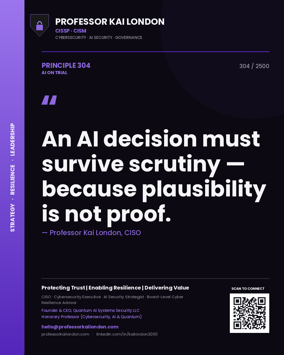 Professor Kai London principle 304: An AI decision must survive scrutiny — because plausibility is not proof.