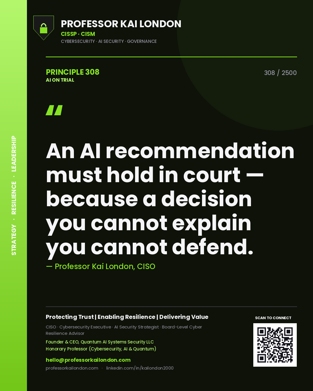 Professor Kai London principle 308: An AI recommendation must hold in court — because a decision you cannot explain you cannot defend.