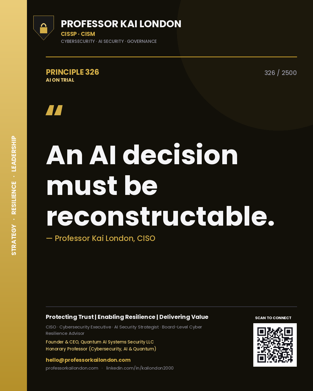Quote card by Professor Kai London reading 'An AI decision must be reconstructable.'. From the book AI on Trial.