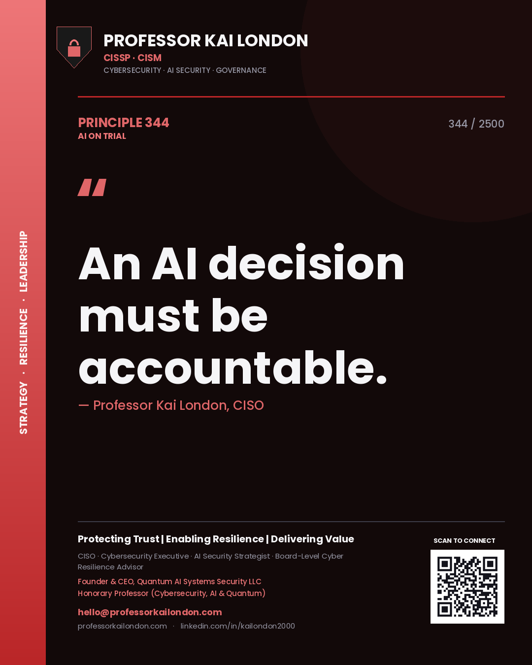 Quote card by Professor Kai London reading 'An AI decision must be accountable.'. From the book AI on Trial.