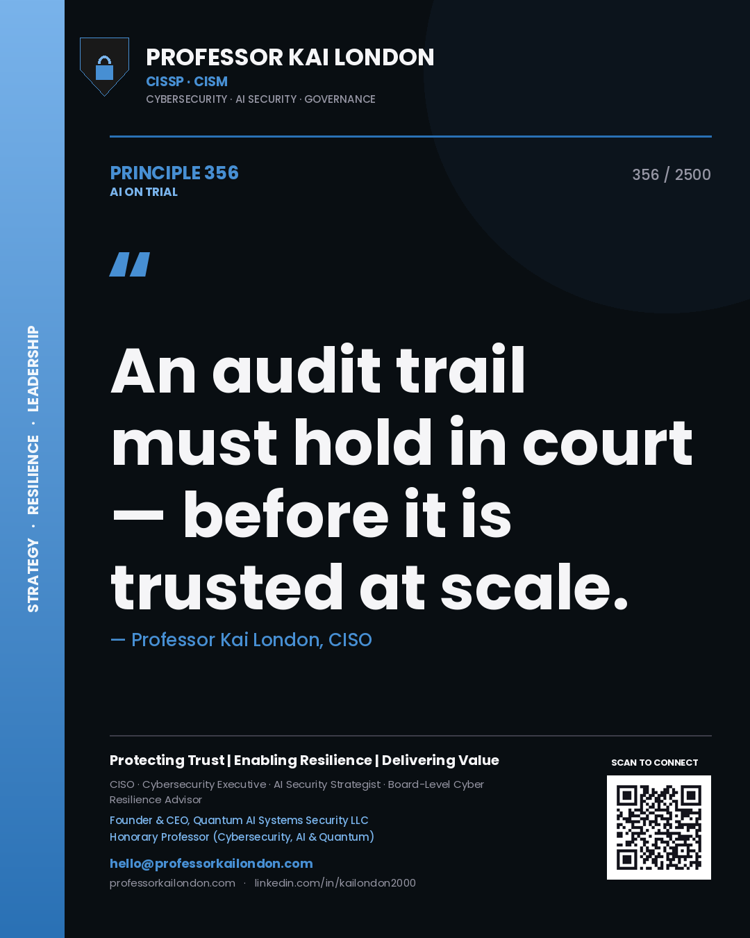 Professor Kai London principle 356: An audit trail must hold in court — before it is trusted at scale.