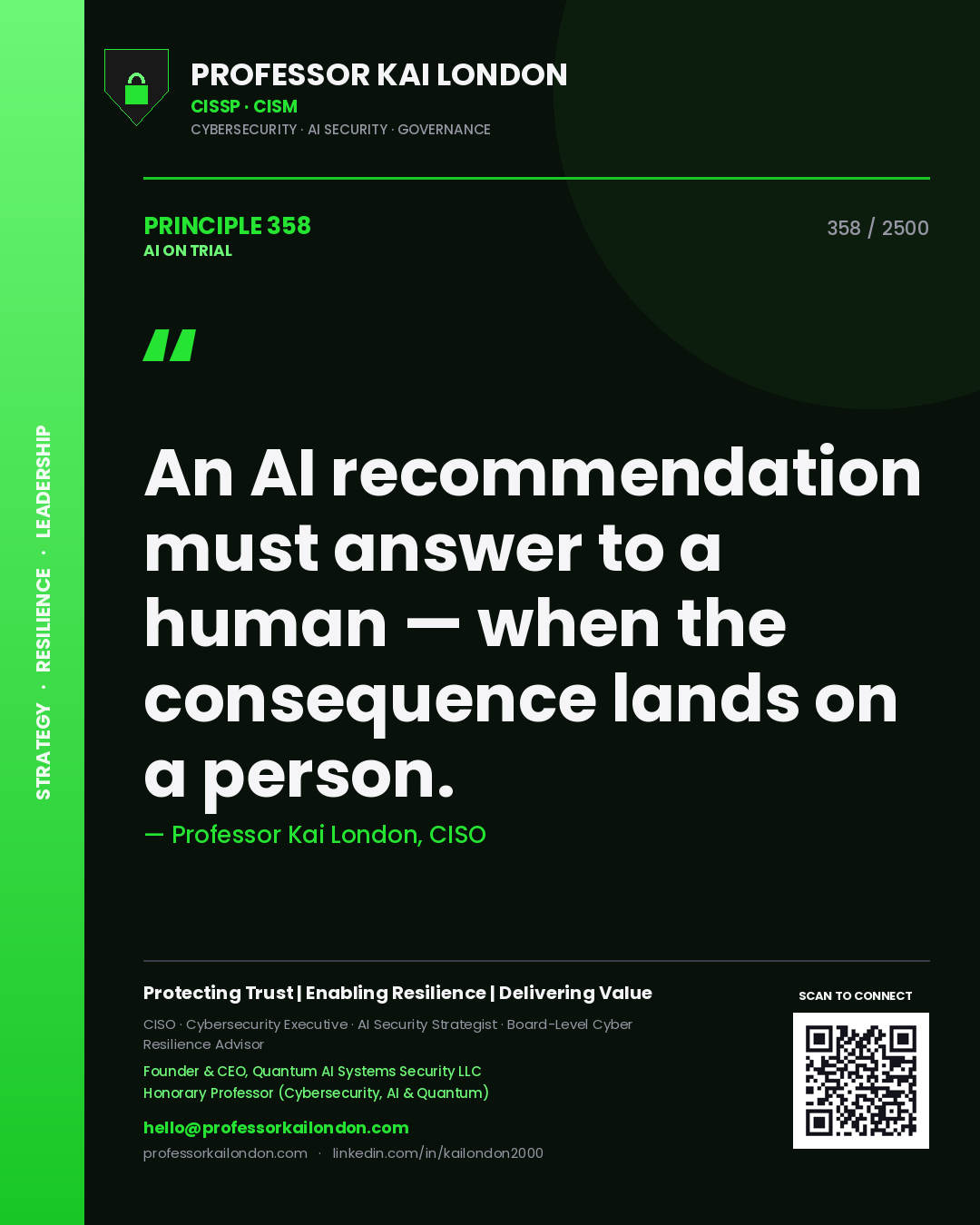 Quote card by Professor Kai London reading 'An AI recommendation must answer to a human — when the consequence lands on a person.'. From the book AI on Trial.