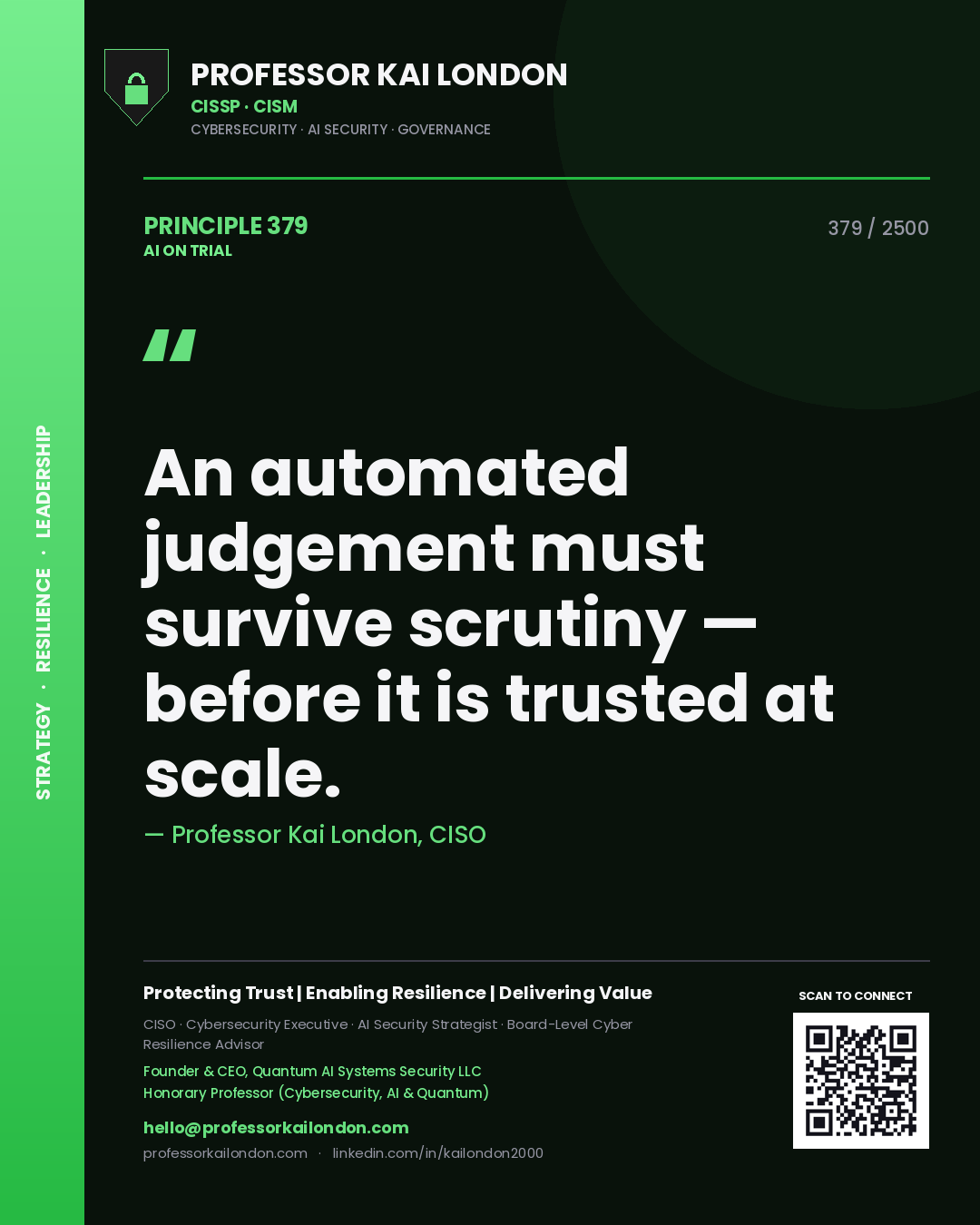 Professor Kai London principle 379: An automated judgement must survive scrutiny — before it is trusted at scale.