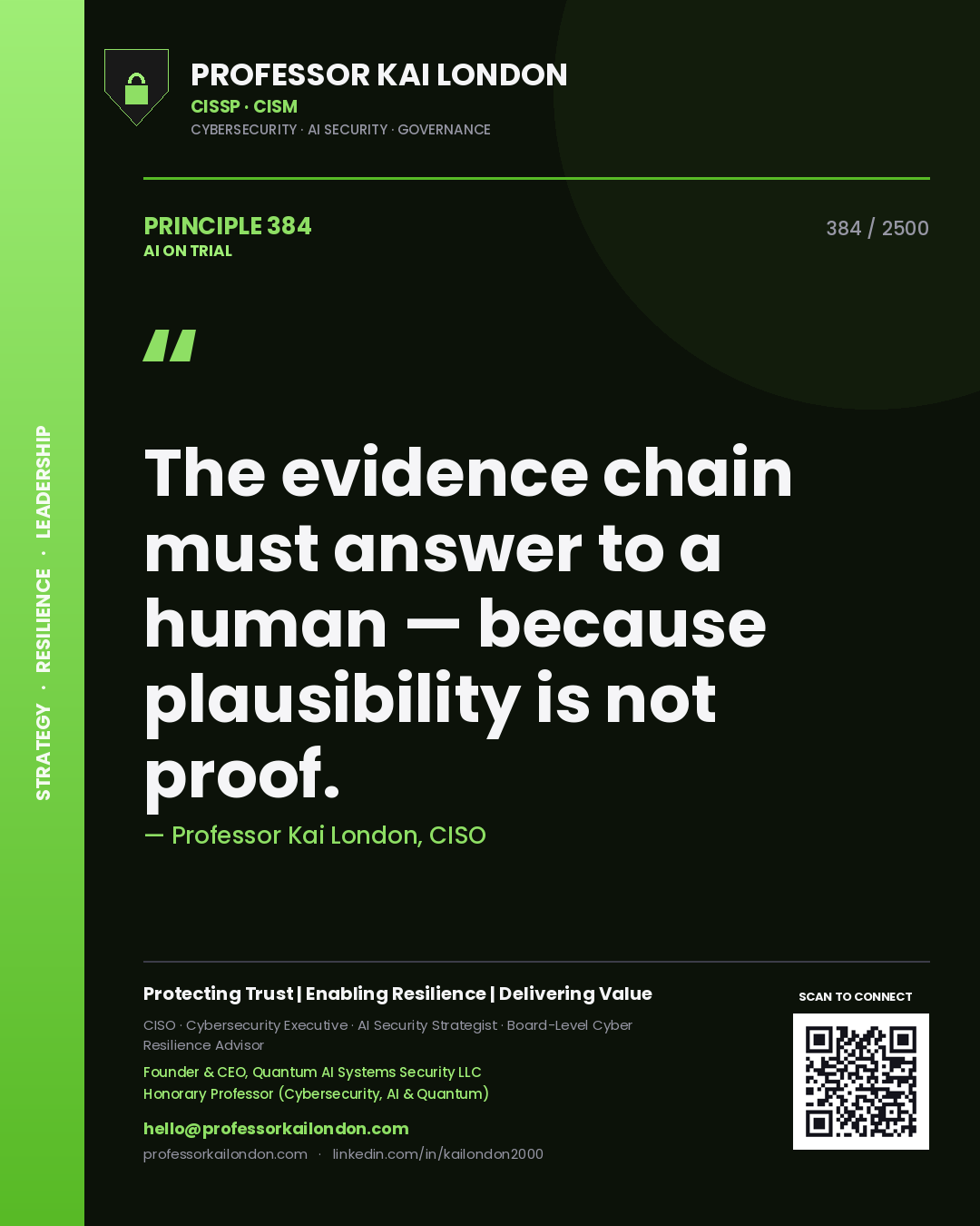 Professor Kai London principle 384: The evidence chain must answer to a human — because plausibility is not proof.