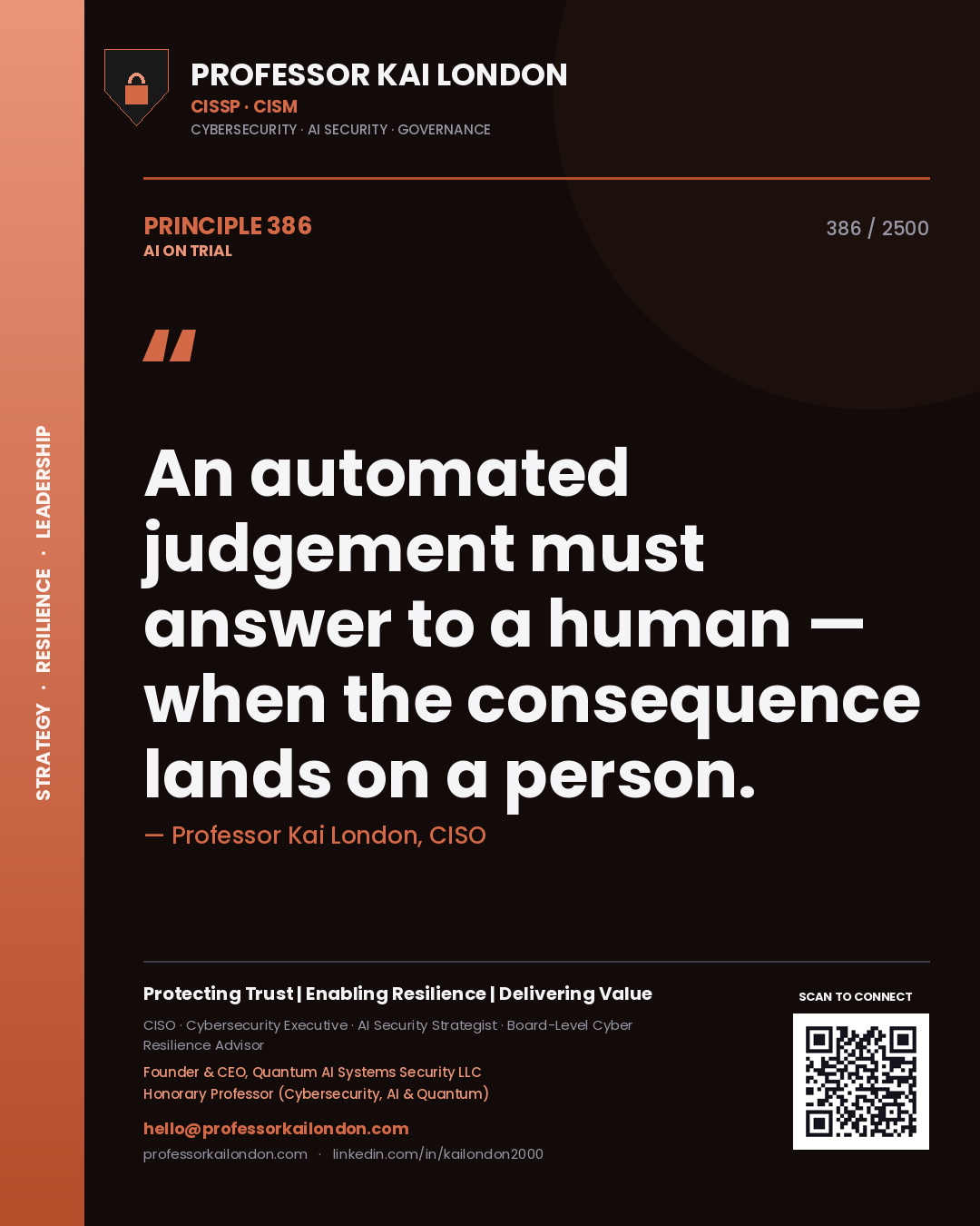 Quote card by Professor Kai London reading 'An automated judgement must answer to a human — when the consequence lands on a person.'. From the book AI on Trial.