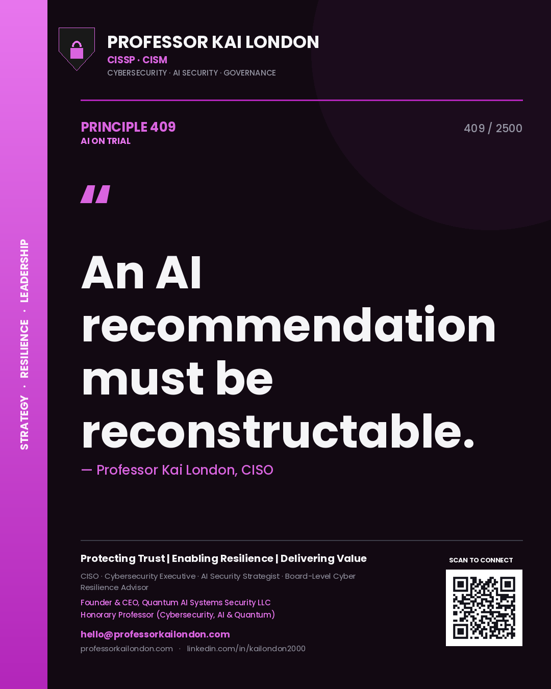 Quote card by Professor Kai London reading 'An AI recommendation must be reconstructable.'. From the book AI on Trial.