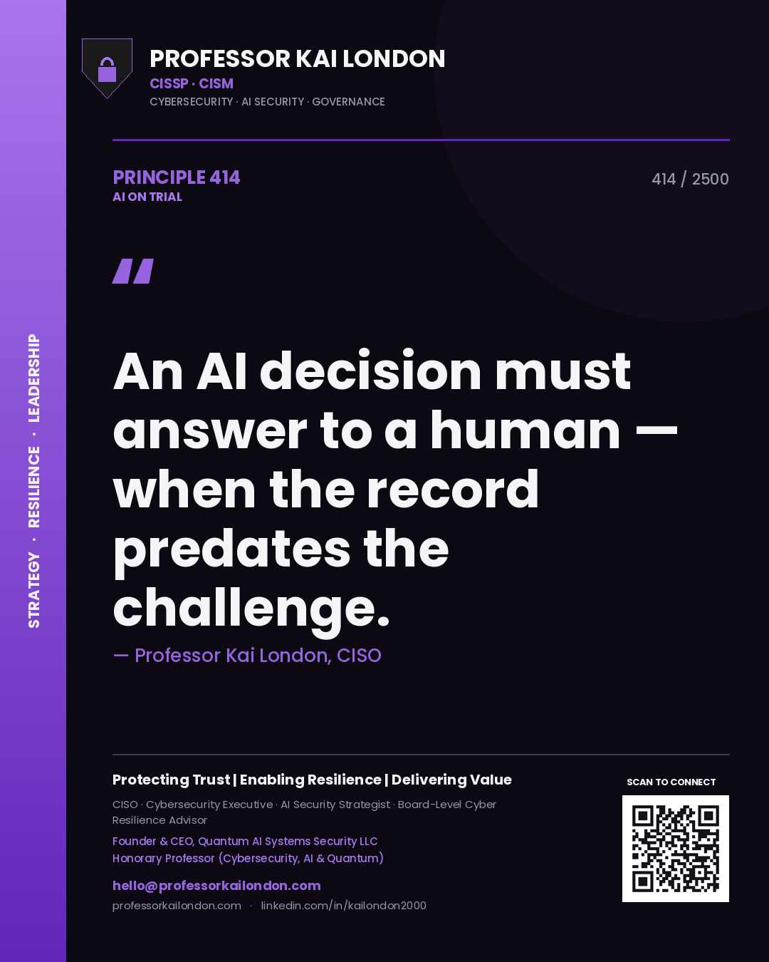 Professor Kai London principle 414: An AI decision must answer to a human — when the record predates the challenge.