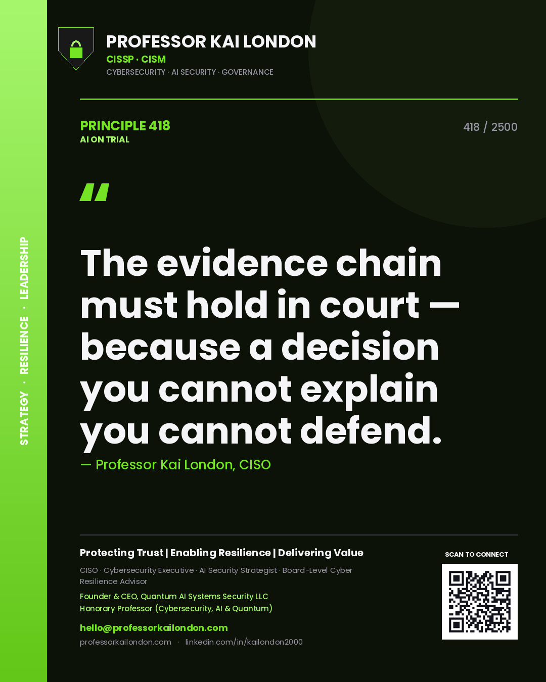 Professor Kai London principle 418: The evidence chain must hold in court — because a decision you cannot explain you cannot defend.
