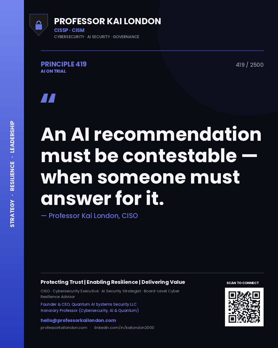 Quote card by Professor Kai London reading 'An AI recommendation must be contestable — when someone must answer for it.'. From the book AI on Trial.