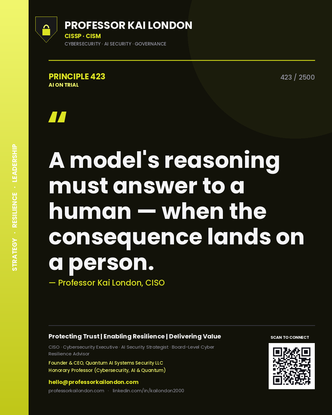 Quote card by Professor Kai London reading 'A model's reasoning must answer to a human — when the consequence lands on a person.'. From the book AI on Trial.