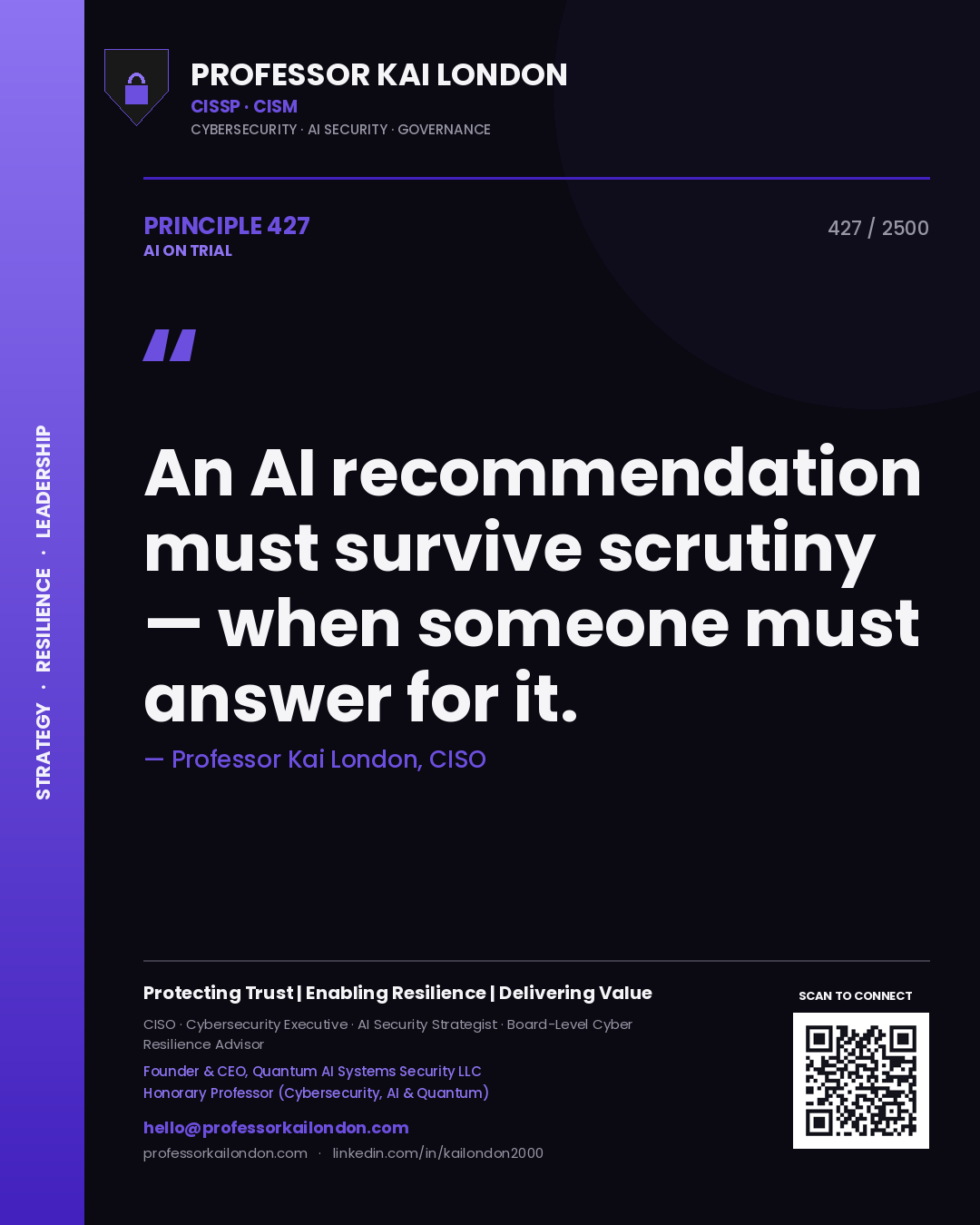 Professor Kai London principle 427: An AI recommendation must survive scrutiny — when someone must answer for it.