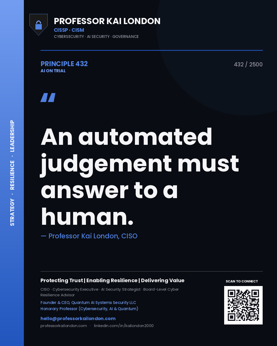 Quote card by Professor Kai London reading 'An automated judgement must answer to a human.'. From the book AI on Trial.