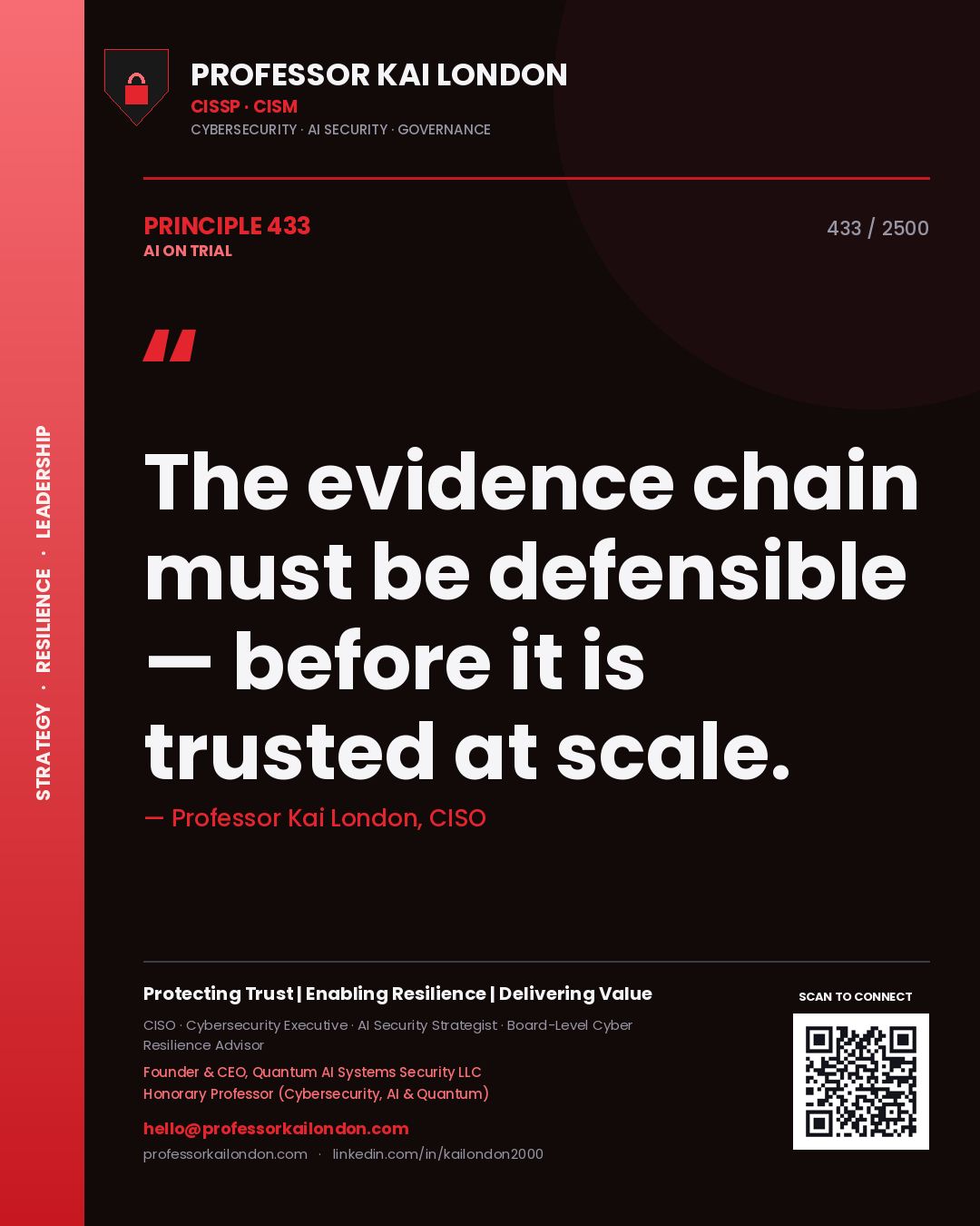 Quote card by Professor Kai London reading 'The evidence chain must be defensible — before it is trusted at scale.'. From the book AI on Trial.