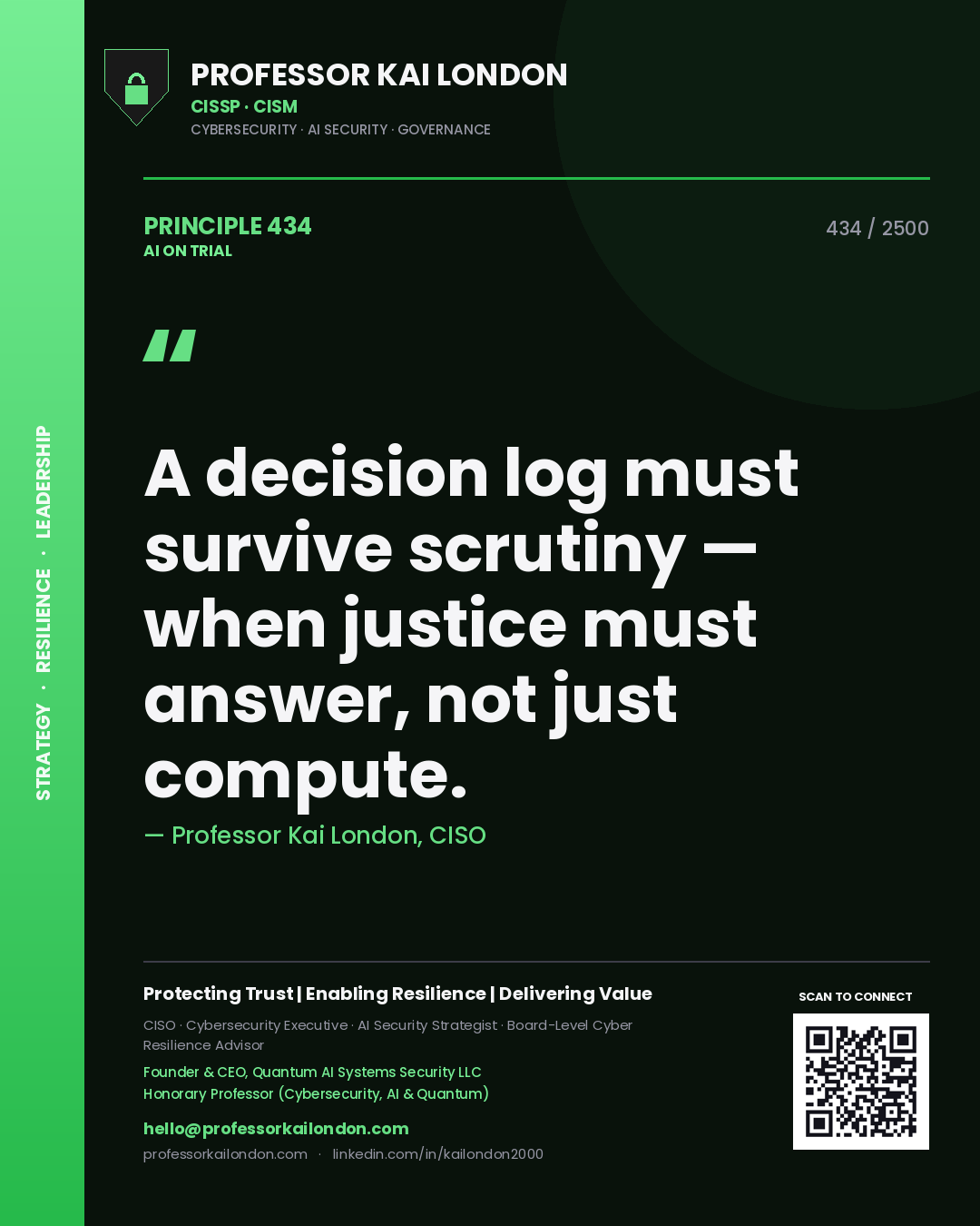 Professor Kai London principle 434: A decision log must survive scrutiny — when justice must answer, not just compute.