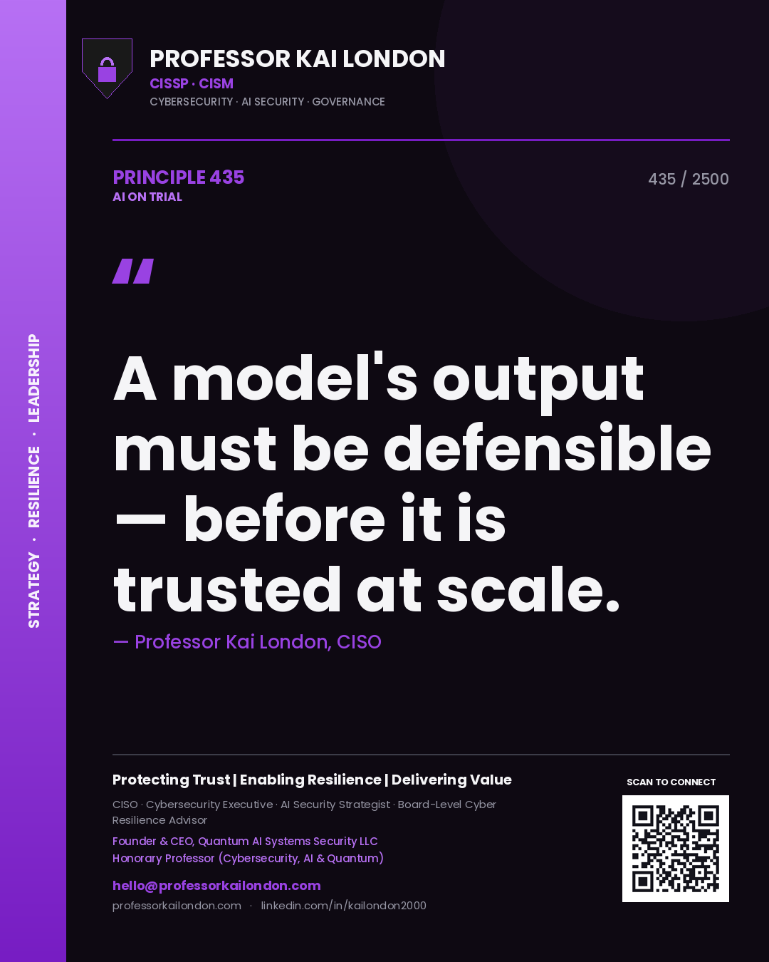 Professor Kai London principle 435: A model's output must be defensible — before it is trusted at scale.